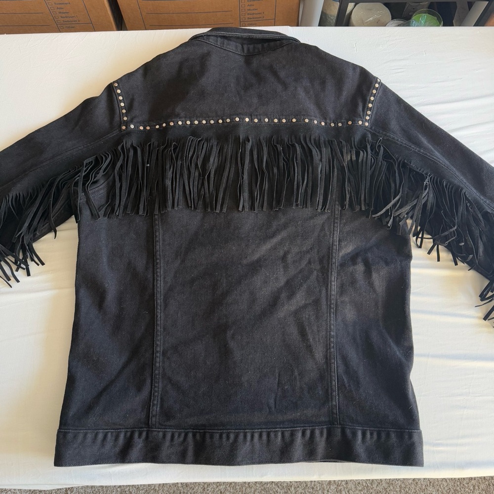 Zara Man Faux Suede Fringe Studded Black Denim Jacket Pockets Button Up Size L - Picture 8 of 16